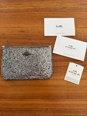 New with tags Coach Glitter Zip Pouch silver and navy